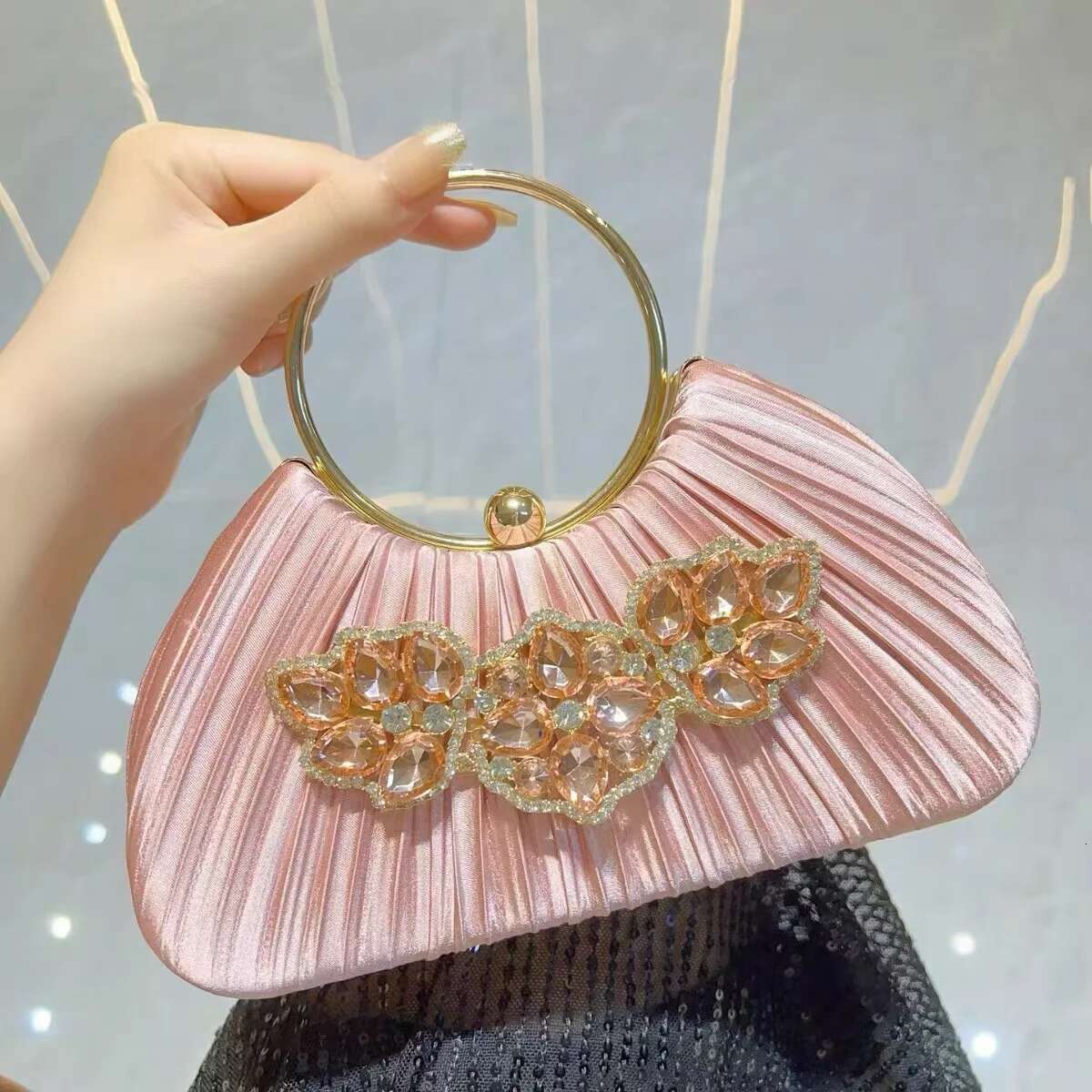 Crystal Shiny Rhie Dia Square Satin Pleated Women's Handbag Evening Wedding Party Clutch Purse Shoulder Bag