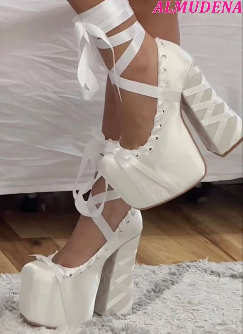 2024 New In Satin Lace Up Mary Jane Shoes Women Pink/Blue Cute Chunky Heel Platform Pumps Designer Party Lolita High Heels