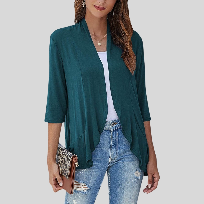 European and American women's clothing autumn new solid color cardigan jacket seven-quarter sleeve ruffle edge top