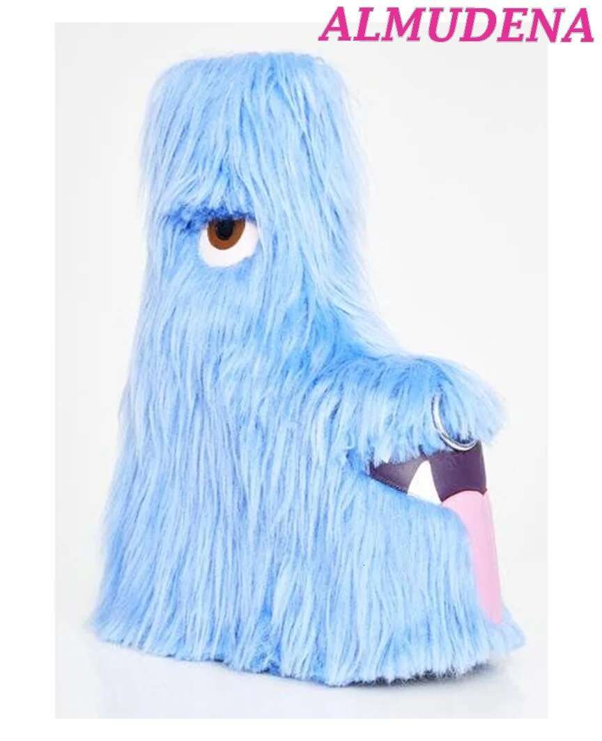 Blue Fur Platform Kawaii Boots Eyes Wedges Super High Heels Furry Boot Lolita Dress Winter Big Size Designer Highten Shoes