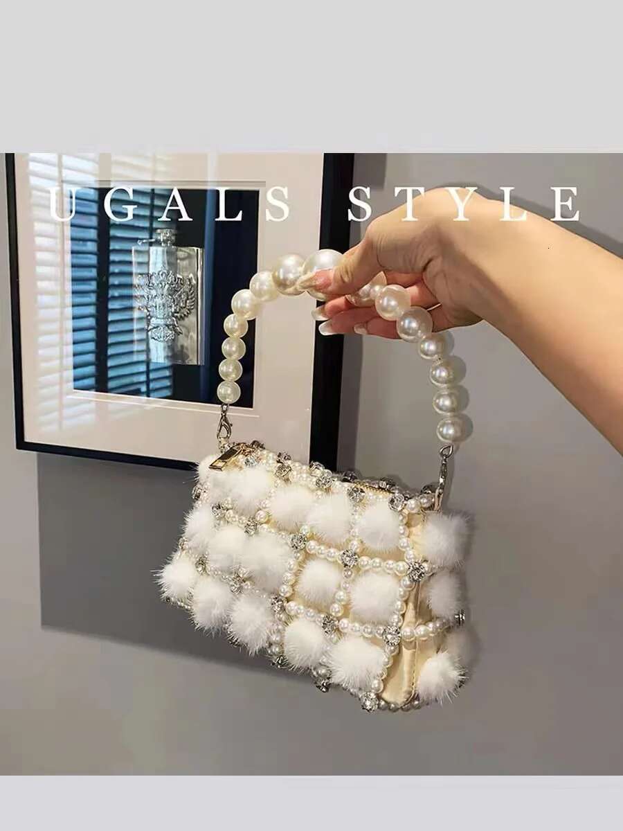 Mink Hair Pearl Beading Square Women Handbag Glitter Dias Evening Wedding Party Clutch Purse Crossbody Bag