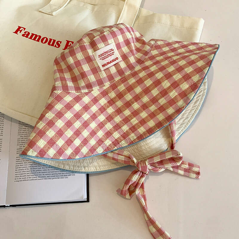 Double sided plaid fisherman for women in summer, thin design, UV resistant, foldable large brim, shading and sun protection hat
