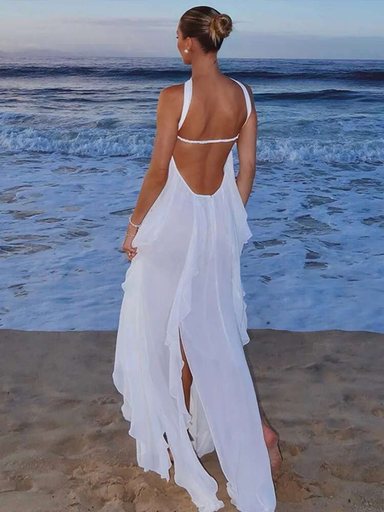 Pink Elegant Strapless Long Dresses Women Sleeveless Backless Off Shoulder Dress 2025 Spring Summer Vacation Ruffles Robes