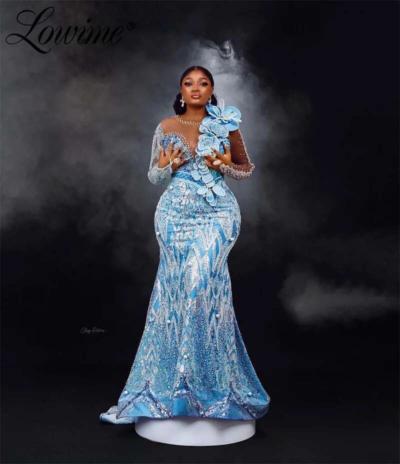 Mermaid Prom African Plus Size Customized Long Sleeves Sequined Pearl Crystals Evening Formal Dress Party Gowns Dr0318