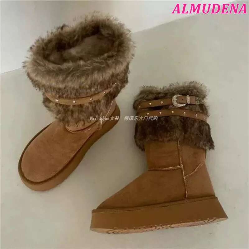 Flat Platform Brown Fur Snow Boots Women's Round Toe Buckled Winter Warm Mid Calf Boot Designer Soft Causal Dress Shoes