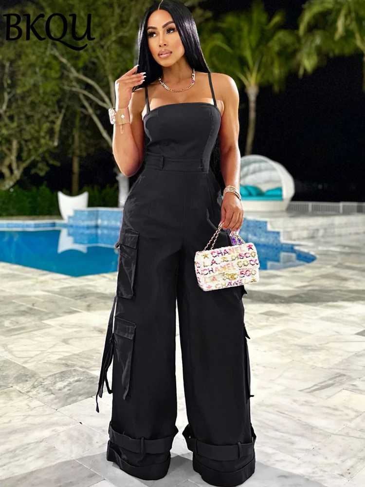 BKQU wide leg jumpsuit womens pocket spaghetti shoulder strap cargo integrated game server 2024 summer backless zipper shirt jacket X250318