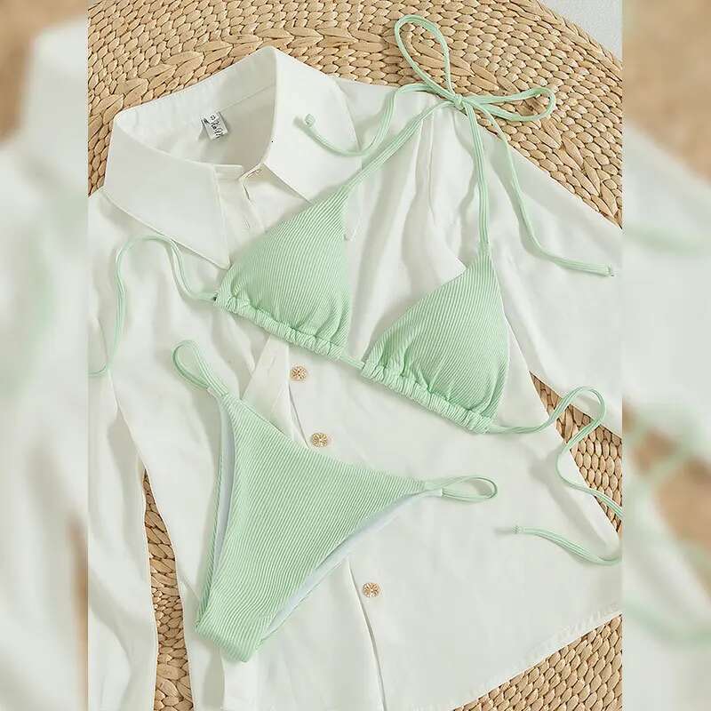 2025 Special Pit Stripe Fabric Bikini Set for Women Sexy Simple Solid Strap Bikini Swimsuit High Waist Strap Beach Swimsuit