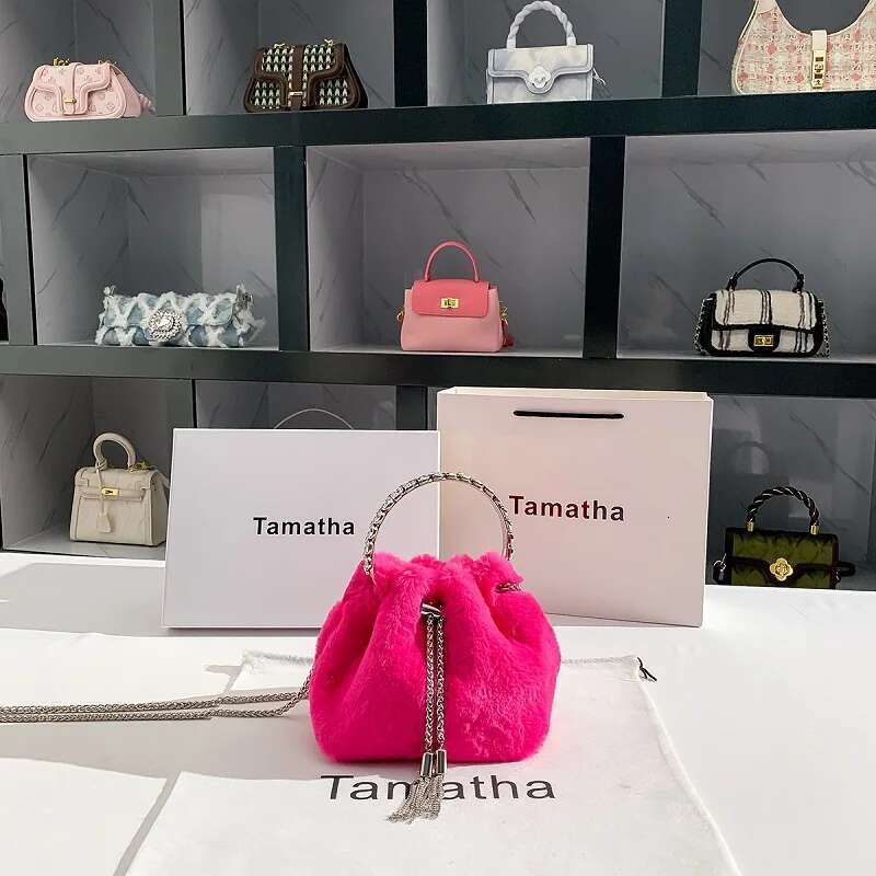 Autumn Winter Women's Handbag Pink Color Faux Fur Soft Bucket Lady Purse Evening Clutch Female Shoulder Crossbody Bag
