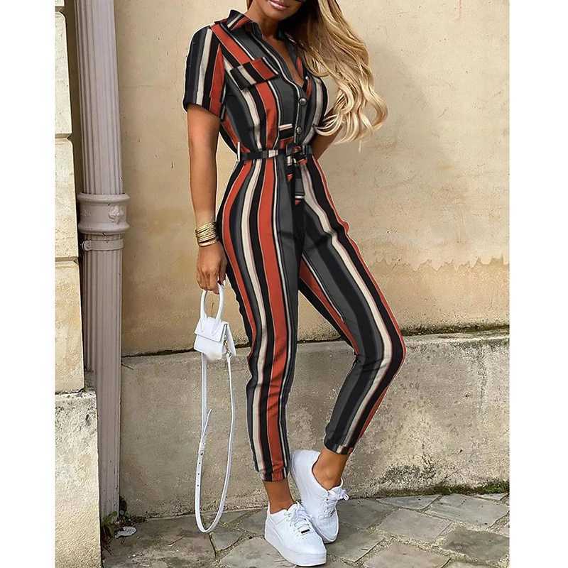Letters Printed Black Casual Short Slve Cargo Long Pants Jumpsuits With Belt Women Summer Half Button Female Overalls Jumpsuit X2503181