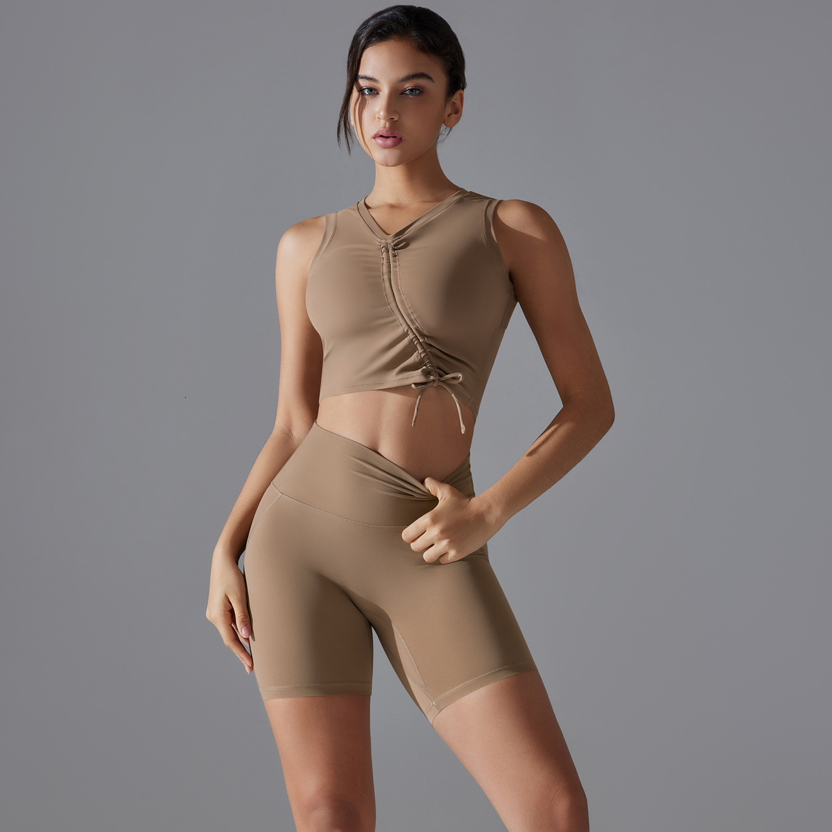 New tracksuit solid color sexy drawstring sports bra suit set, running fitness antibacterial yoga shorts two-piece set leggings