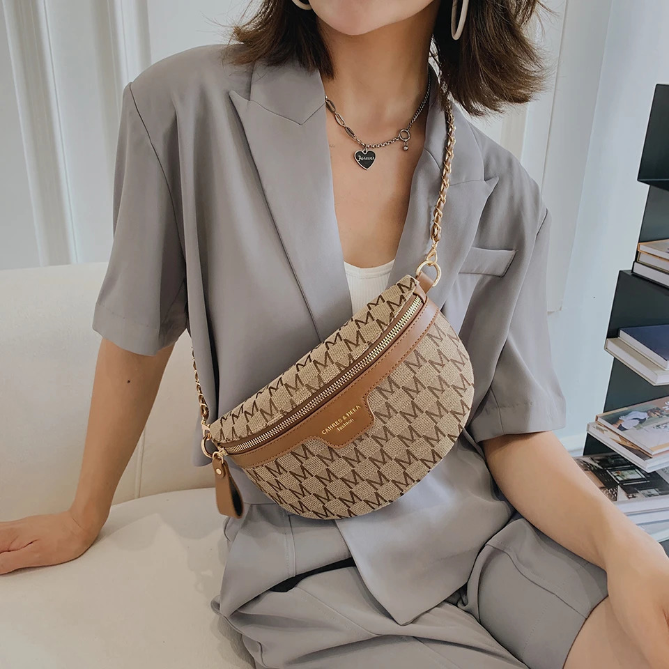 Fashion Letter Printed Fanny Packs for Women Chain Waist Pack Phone Purse Female Chest Bag Wide Shoulder Strap Crossbody Bag 250317