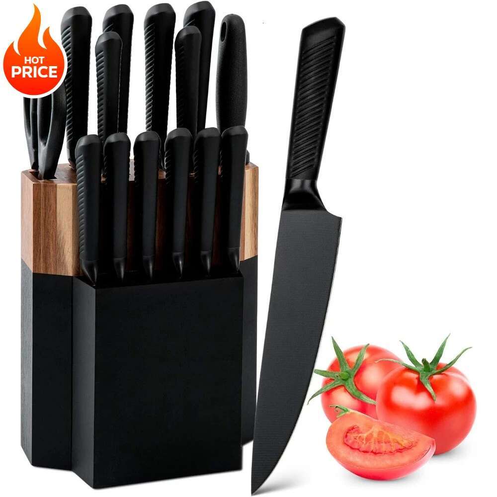 Kitchen Set, 15 Piece Wooden Block, High Carbon Japanese Stainless Steel Block Set With Steak Knife