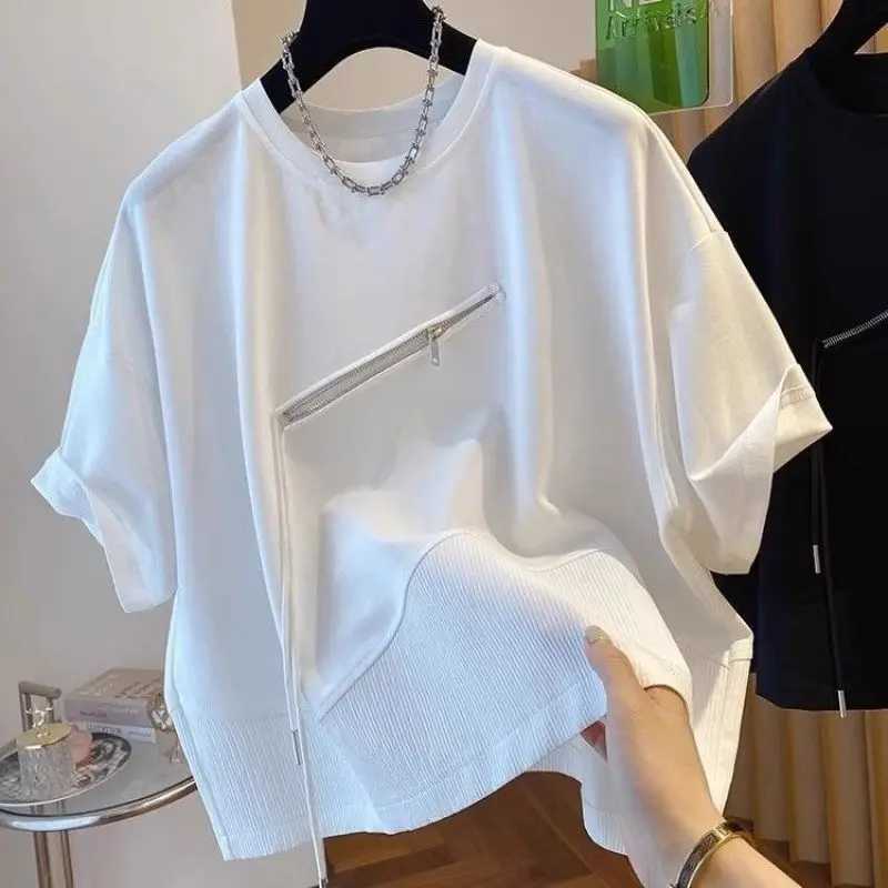 2024 summer personalized irregular patch work drawstring half zipper loose casual oversized Rafian handsome short sleeved T-shirtT250318