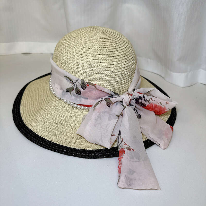 New Chinese style China-Chic ribbon big brim sunscreen straw for women fashionable breathable wave edge sunshade beach hat tide