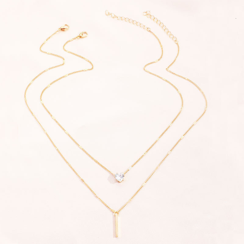 Crystal Zircon Love Long Double Pendant Necklace Women Simple Everything Choker Jewelry