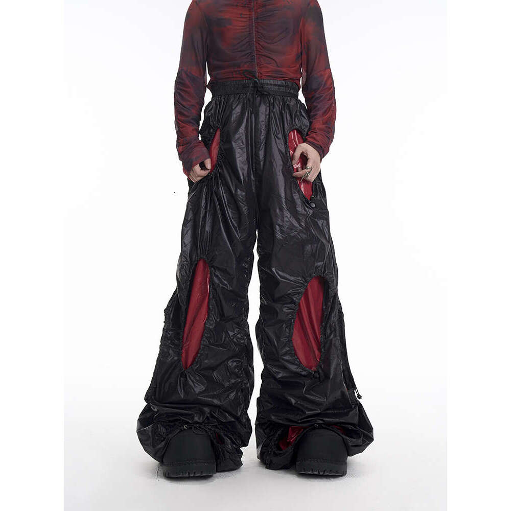Men's Clothing Leather Pants Uniquely Folded Hollow Drawstring Casual For Men In Spring, New Splicing Color Blocking Stacking Wide Leg Or Pants