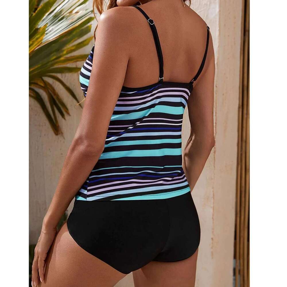Summer women's swimsuit, women's striped swimsuit, sleeveless two-piece swimsuit, shorts swimsuit, fashionable swimsuit