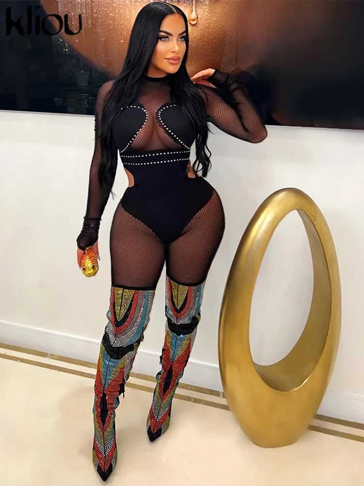 Nail Mesh Patchwork Jumpsuits Women Solid S Through Autumn Long Sleeve Cut Out Skinny Overalls Female Midnight Party Clothing X250318