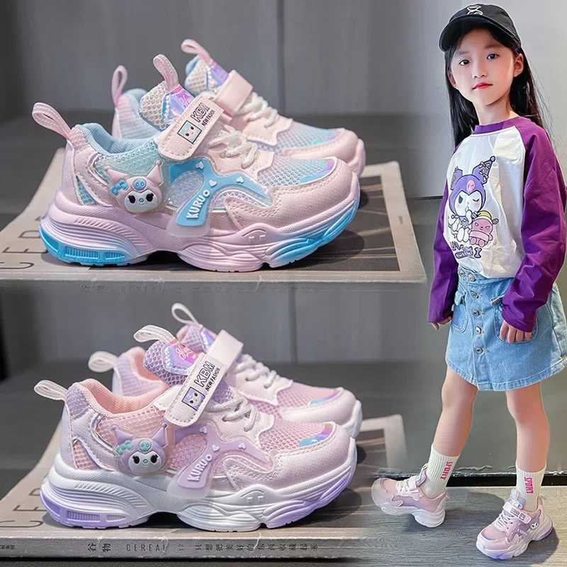 Childrens Kuromi casual sports shoes girls cute bow leather breathable board shoes students running shoes sports shoes W250318