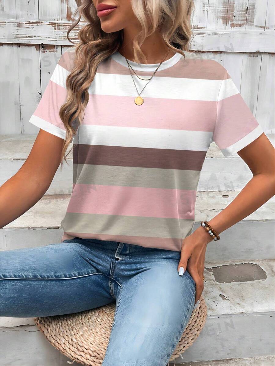 Women's T Shirts 3D printed women's trendy shoulder round neck loose short sleeved T-shirt