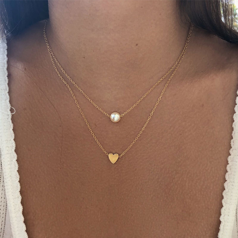 Love Imitation Pearl Pendant Double Necklace Women's Multi-layer Choker Collarbone Chain Jewelry