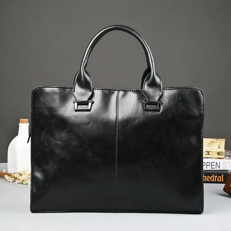 Mens business office briefcase computer handbag mens PU leather handbag mens large solid shoulder bag black retro bag 250317
