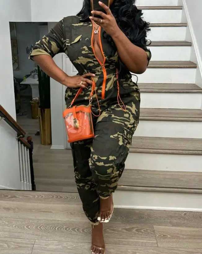 Fashion womens jumpsuit 2025 summer camouflage print zipper pocket design casual one-piece jumpsuit Strtwear Y2K clothing X2503181