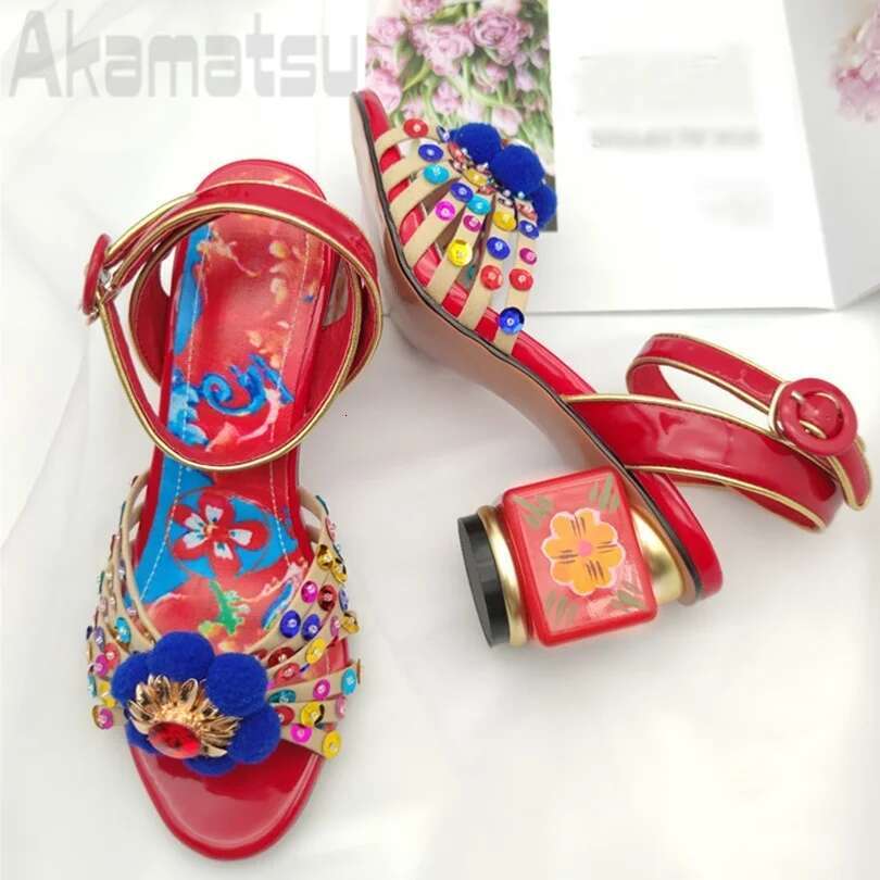 Strange Heel Sandals Ethnic Style Colorful Rhies Personalized Ankle Buckle Strap Women's Shoes Large Sizes 34-43