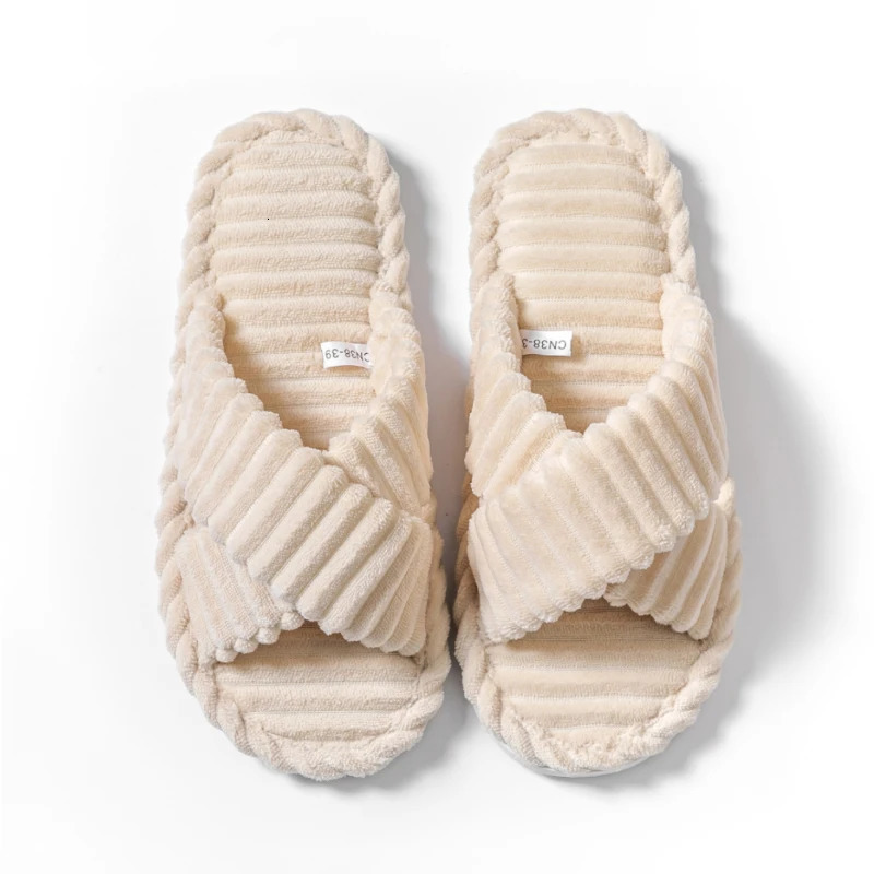 Fashion Corduroy Cross band Open Toe Home Slippers Women Autumn Winter Warm Plush Slides ladies Bedroom Soft Sole Slippers 250318