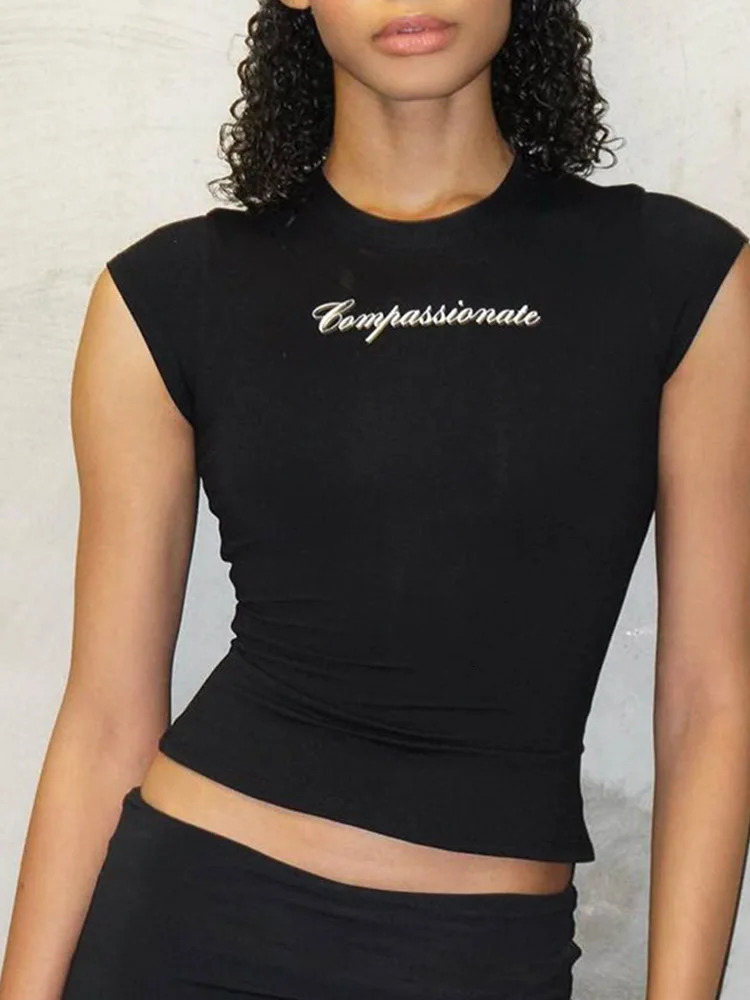 Y2k Streetwear Crop Tops Letter Print Black Tees Short Sleeve Graphics T Shirt Womens 250318