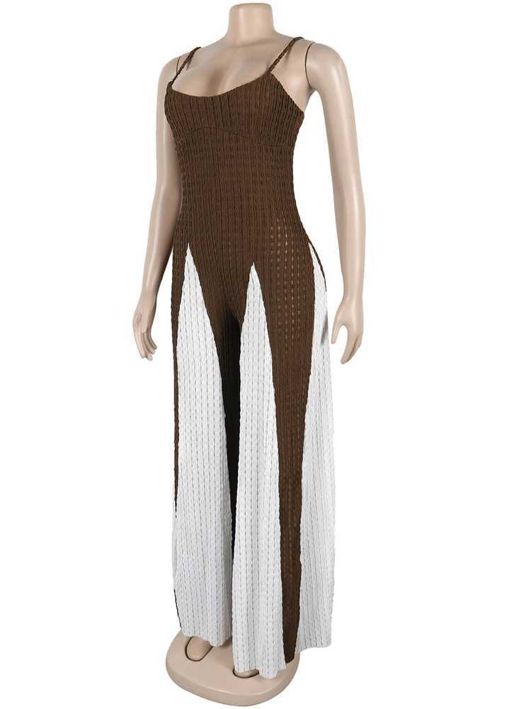 Beyprern womens patch work spaghetti shoulder strap knit wide leg jumpsuit one-piece set nightclub womens exercise set X250318