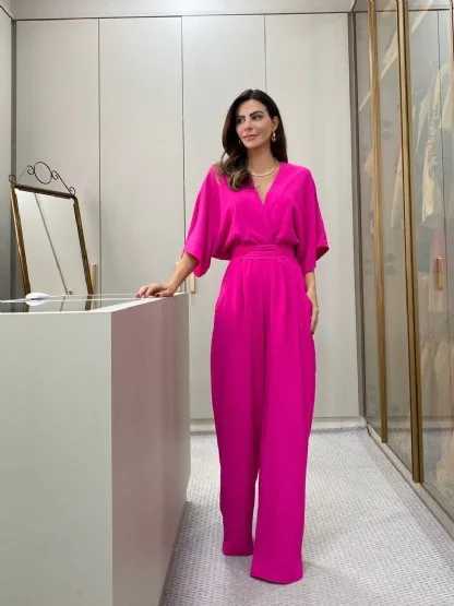 Womens jumpsuit wide leg pants V-neck one-piece splicing full length Slve solid waistband high Strt loose fit X250318