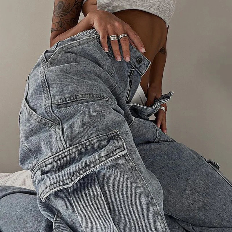 Womens cargo jeans European and American retro loose straight work pants elastic waist patch pocket free delivery 250317
