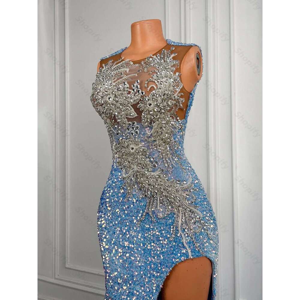 Light Blue Sequin Long Dress 2025 With Slit Sparkly Beaded Crystal Black Girl Mermaid Style Prom Gowns Customized Dr0318