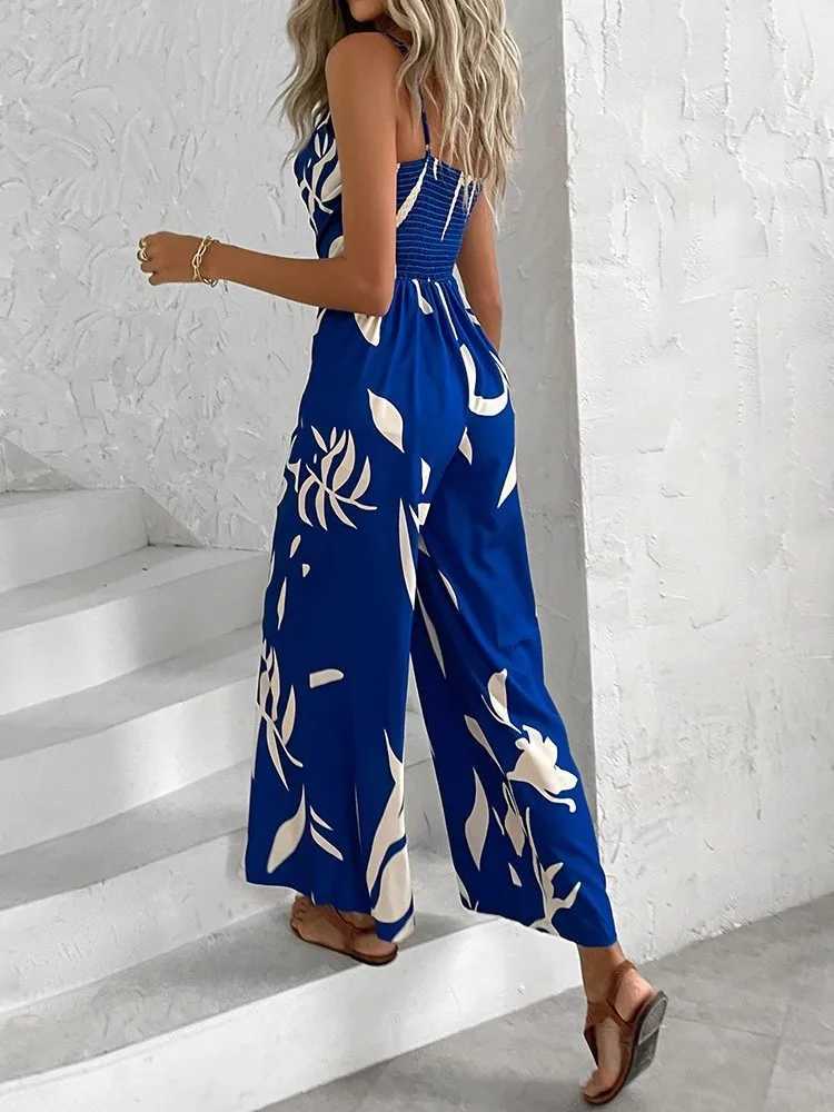 Summer Print Wide Leg Jumpsuit Womens Fashion Spaghetti Strap Elegant Office High Waist Casual Long Jumpsuits New 2024 X250318