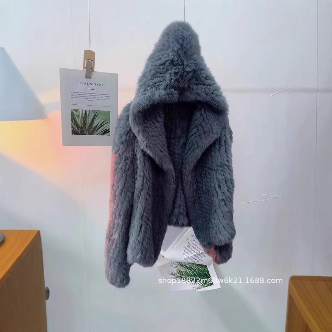 New style of celebrity, real rabbit coat, women's autumn and winter warm fur woven double-sided hooded fur, encrypted internet celebrity