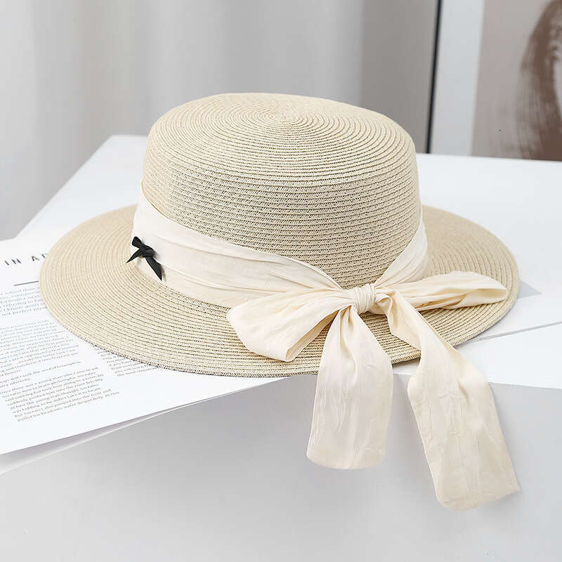 Summer fresh bow big ribbon flat top straw ins women's beach outdoor wide eave sunshade hat