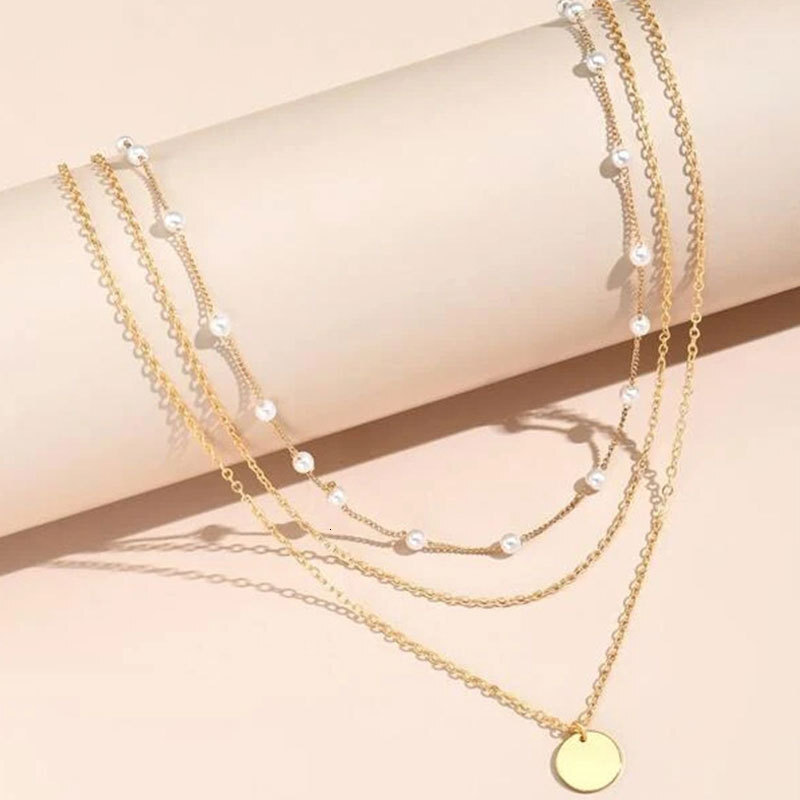 Imitation Pearl Chain Round Piece Pendant Three Layer Necklace Women Simple Collarbone Chain Choker Jewelry