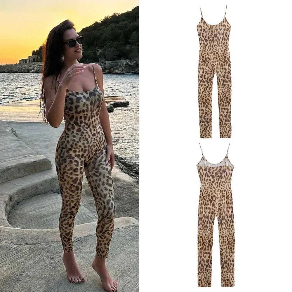 PRIMTKAOIR 2024 Summer Fashion Retro Womens Leopard Pattern jumpsuit Strapless Tight Pants X250318