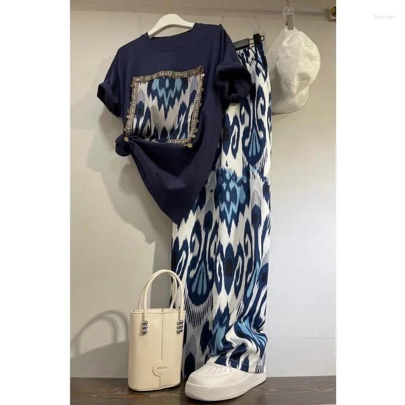 Womens Tracksuits Summer Two Piece Set 2025 Women Clothing Print Short Sleeve Tshirts High Waist Chiffon Wide Leg Pants Outfits Casual