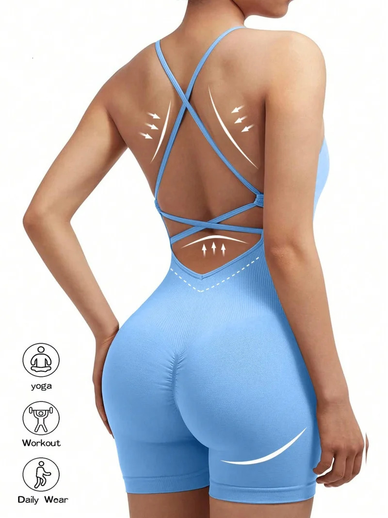 Sexy Fiess Jumpsuit Women Cross Adjustable Sports Playsuit Running One Piece Yoga Suit Scrunch Shorts Backless Set Romper 250313