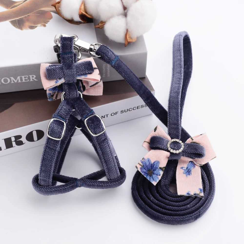 Pink Floral Flocking Dog Collar With Rhinestone For Small Dogs Pink White Pet Harness Princess Cat Comfort Walking Pitbull PugsT250318
