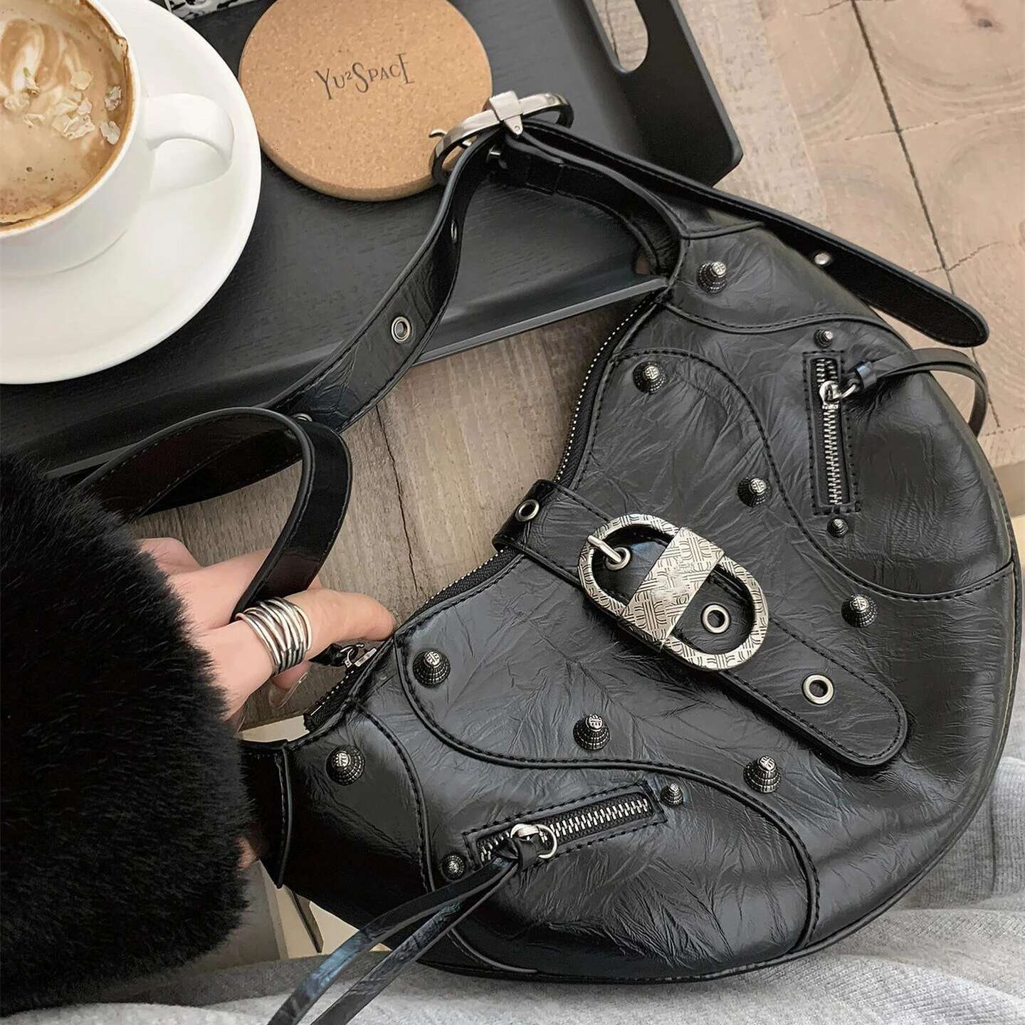 JW PEI Croissant Biker - Waxed Leather Eco-Friendly Crossbody Purse Spacious Shoulder Bag Women Street Style Large Capacity