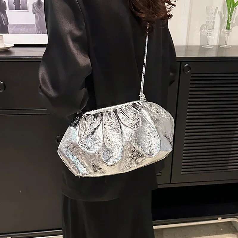 Gold Sier Color Women's Pleated Crossbody Ruched Design Wedding Party Christmas Valentine's Day Clutches Cloud Bag Female