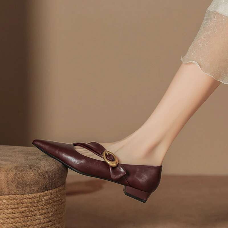 2025 Spring Vintage Women Pointed Toe Mary Jane Fashion Shallow Thick Heel Wedding Party Shoes