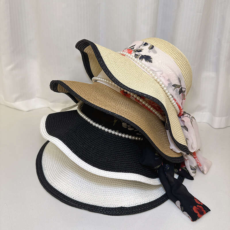 New Chinese style China-Chic ribbon big brim sunscreen straw for women fashionable breathable wave edge sunshade beach hat tide