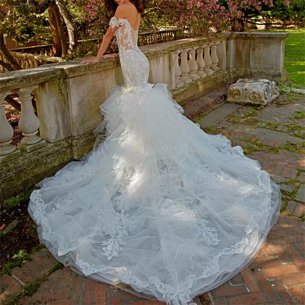 Cathedral Length Mermaid Wedding Dresses Lace Appliques Off Shoulder Elegant Bridal Gowns Ruffles Long Train Bride Dress Custom Made