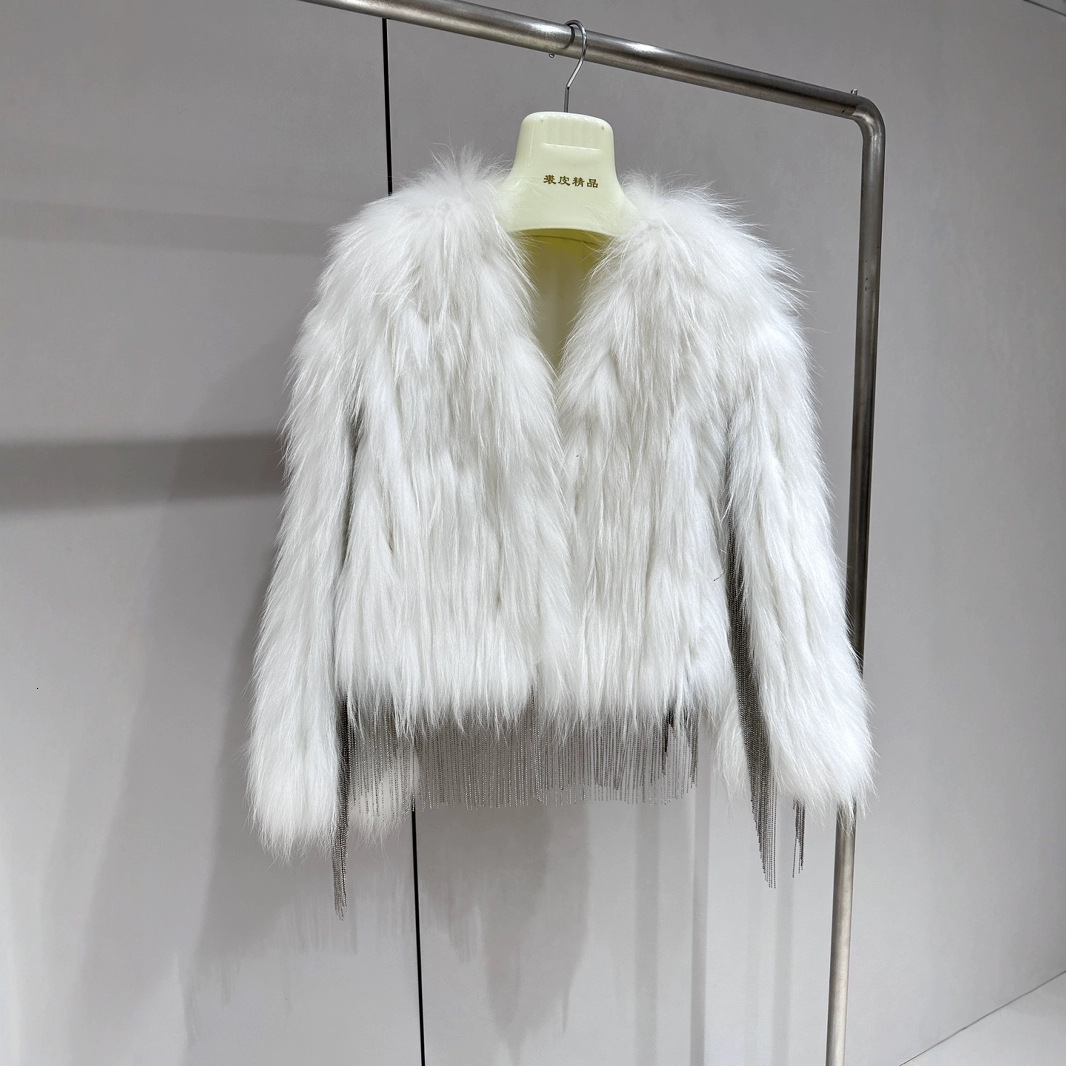 Tassel Raccoon Hair Car Stripe Water Diamond for Women, Long term Lightweight 2024 Winter Look Thin True Fur Coat