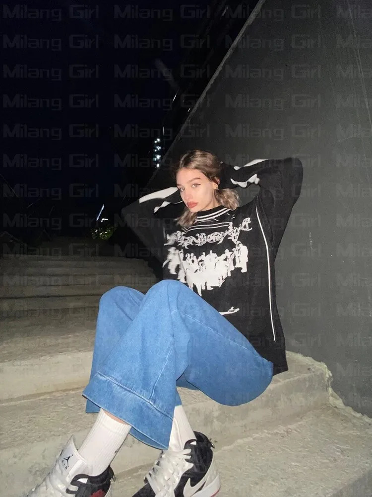 Hip Hop Streetwear Knitted Sweater Men Women Gothic Hassett Pattern Oversized Sweater Pullover Winter Harajuku Cotton sweater 250318