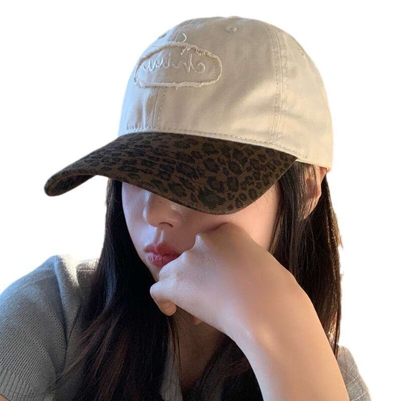 American style spicy girl leopard print baseball cap for women in summer, versatile sun protection, color blocking, big head circumference, face enhan